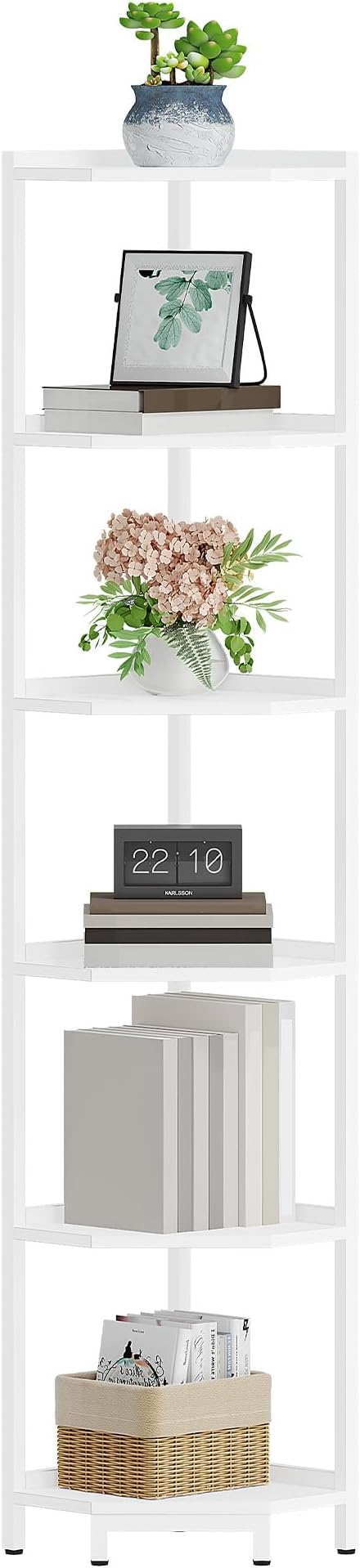 Hzuaneri Corner Shelf Stand 6-Tier Corner Bookshelf Storage Standing Shelf | Bookcase Plant Stand with Metal Frame for Living Room, Home Office, Bedroom, White CS06013W