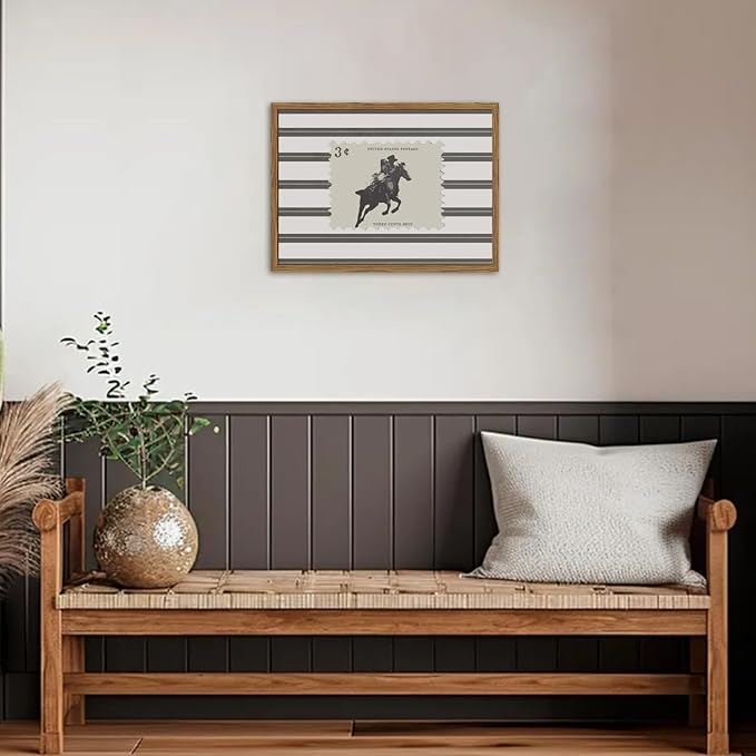 Western Cowboy Wall Art Vintage Southwestern Rodeo Wall Decor Painting Cowboy Striped Stamp Poster Canvas Print Picture for Living Room Bedroom 12x16 inch Wood Framed