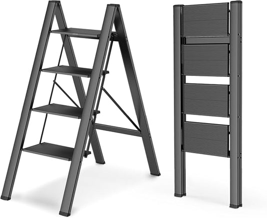 4 Step Foldable Step Stool, 300lbs Load, Black | Folded 43''H x 2''T; Net 9.9 lbs; Non-Slip Feet: Wood/Tile/Carpet; Rigid Aluminum Steps; No Assembly; Ready From Box.