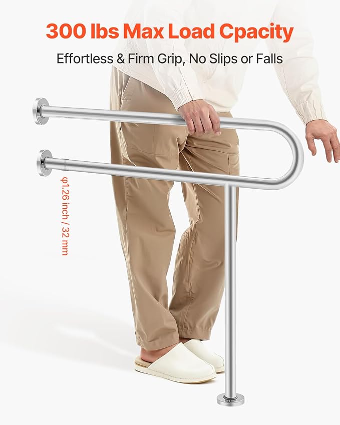 VEVOR Toilet Safety Rail, 31.5 Inch U-Shaped Handicap Grab Bar, 304 Stainless Steel Senior Safety Pole, Toilet Grab Bars with Anti-Slip Handle, 300 Lbs Load Capacity Security Handrail with Support Leg