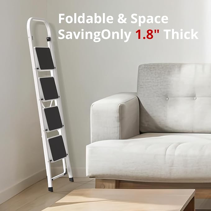 HBTower Step Ladder, Folding Step Stool for Adults | with Anti-Slip Pedal, 330 lbs Capacity for Kitchen, Home, White