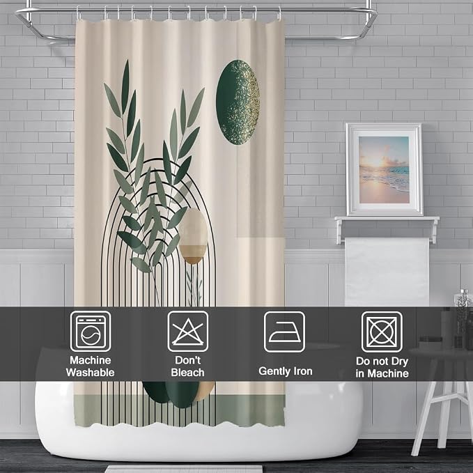 Mid Century Sage Green Stall Shower Curtain with Hooks 48x72 Inch | Waterproof Small Abstract Green and Beige Bathroom Curtain for Shower Stall, Machine Washable