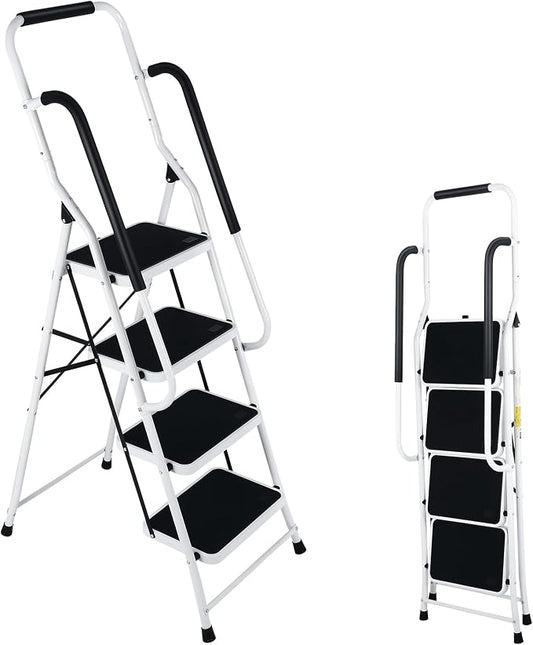 Step Ladder 4 Step Folding with Handrails, Folding Step Stool with Wide Anti-Slip Pedal, Sturdy Steel Portable Ladder, Lightweight Step Stool Foldable for Library Home Garage Office