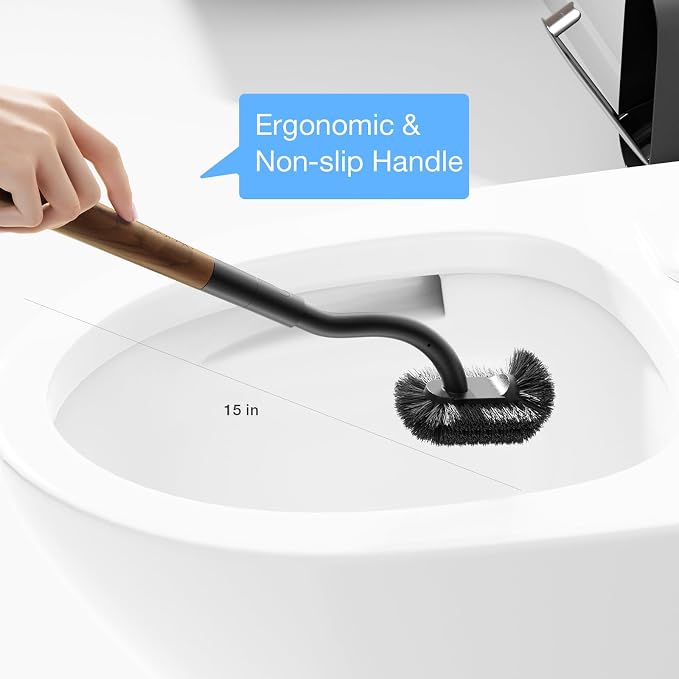 Toilet Bowl Brush and Holder, OSCIOSS Toilet Brush Set with Ergonomic Design, Compact Size, Durable Bristles, RV Toilet Brushes & Holders for Dead Corner Clean (Wood&Black, 1pack)
