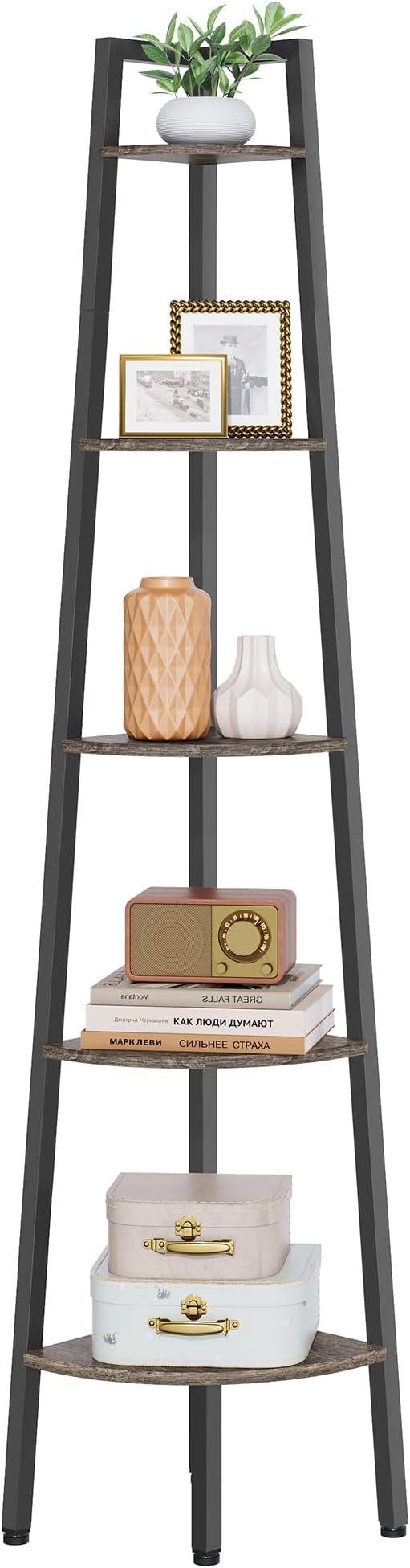 Hoctieon Corner Shelf, 5-Tier Corner Bookshelf, Rustic Ladder Shelf, Industrial Display Stand for Living Room, Kitchen, Home Office, Balcony, Small Space, Metal Frame, Grey