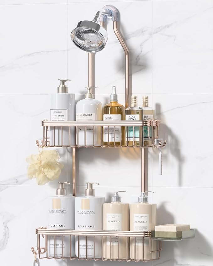 Never Rust Shower Caddy Hanging, Aluminum Shower Racks for Inside Shower, 2-Tier Shower Organizer Hanging Over Shower Head with Hooks and Soap Holder, Rose Gold