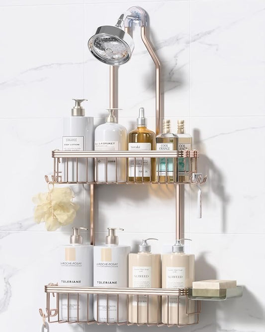 Never Rust Shower Caddy Hanging, Aluminum Shower Racks for Inside Shower, 2-Tier Shower Organizer Hanging Over Shower Head with Hooks and Soap Holder, Rose Gold