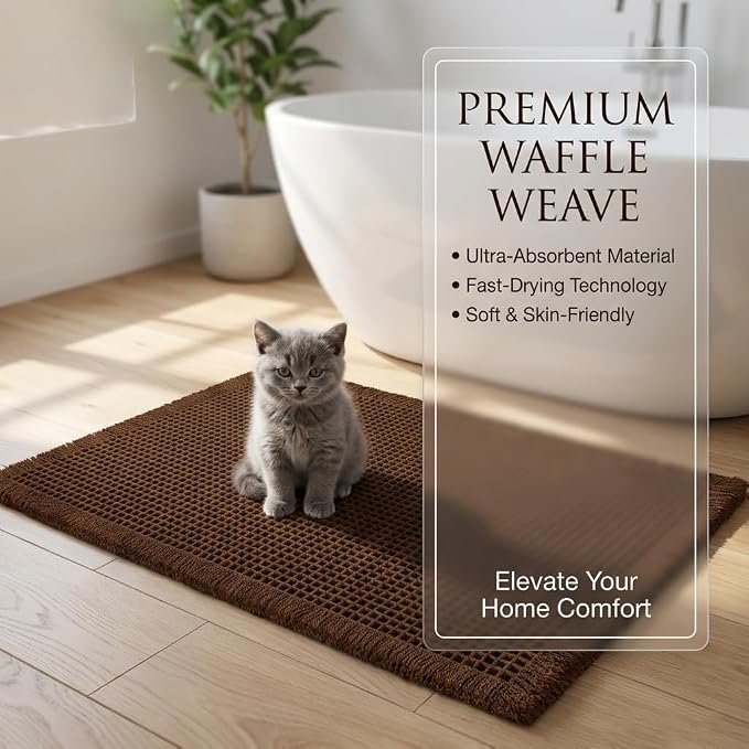 Waffle Bath Mat Brown 32"x20", Boho Woven Modern Bath Mat Rugs, Absorbent Non Slip Bathroom Rugs, Soft Washable Bath Rugs with Tassels for Bathroom, Bedroom, Kitchen, Shower, Tub