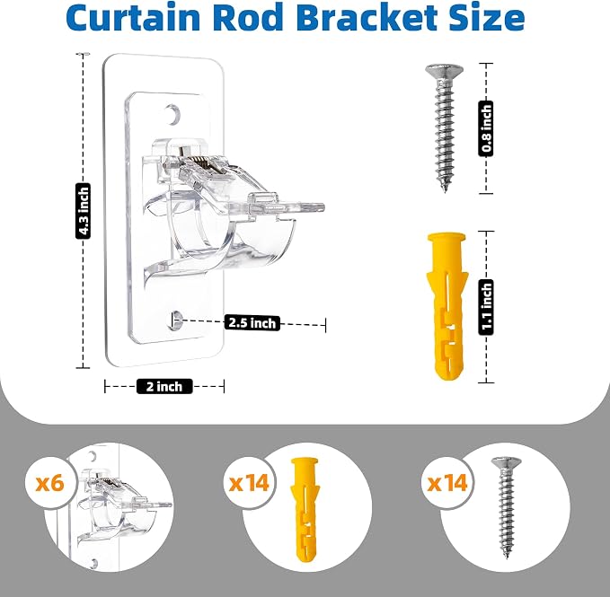 Antimbee 6-Pack No Drill Needed Curtain Rod Holders, Self Adhesive Rod Brackets, Multipurpose Nail-Free Stick on Curtain Rod Hooks Hangers for Dorm, Kitchen, Home, Bathroom, Transparent