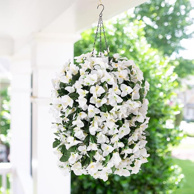 Faux Bougainvillea Artificial Flowers for Outdoors Fake Plants Outside Decoration, 2 PCS White Faux Flowers UV Resistant Look Real Silk Long Trailing Vines for Front Door Porch Planter Patio Garden