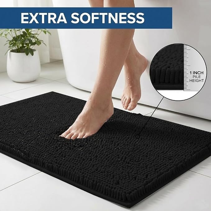 Bathroom Rugs Sets 2 Piece,Super Absorbent Chenille Bath Mats and U-Shaped Toilet Rug,Strong PVC Non Slip Backing,Microfiber Washable Dry Quickly Bath Mats for Bathroom(20"x32"+20"x20"U, Black)