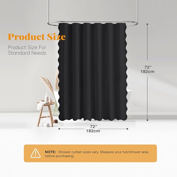 Black Boho Scalloped Linen Textured Cloth Shower Curtain Set, 72x72 | 230GSM Waterproof Polyester, Heavy Duty Fabric, 12 Plastic Hooks, Modern Farmhouse Style, Machine Washable, Bathroom Decor