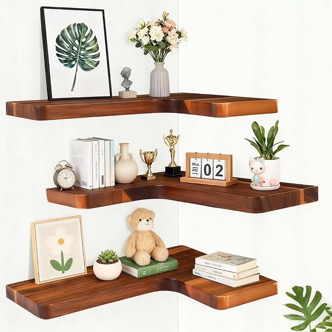 Floating Corner Shelves, Wall Shelf Set of 3, Shelves for Wall Storage, Solid Wood Shelves for Storage, Wall Mount Wooden Display Shelf for Bathroom Bedroom Kitchen Garage (Acacia, 3pcs)