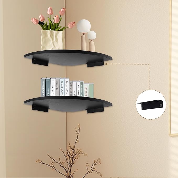 JJL Corner Shelf Wall Mounted, 12-Inch Sector Wood Floating Corner Shelves with Wire Hole, Set of 2 Circular arc Corner Shelf for Bedroom Corner Decoration, Black