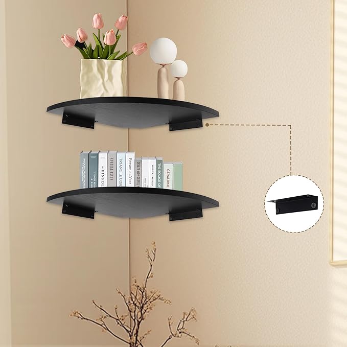 JJL Corner Shelf Wall Mounted, 12 Inch Wood Floating Corner Shelves with Wire Hole, Set of 4 Circular arc Corner Shelf for Bedroom Corner Decoration, Black