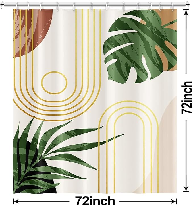 Boho Sage Green Shower Curtain for Bathroom 72x72 Inch | Waterproof Abstract Tropical Leaves Shower Curtain Set with Hooks, Mid Century Beige Bathroom Decor