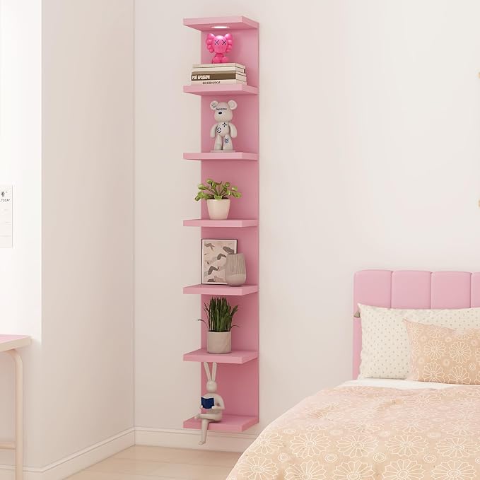 LitaEther Versatile 7 Tier Wall Shelf Unit,Pink Lack Wall Shelf,Display Floating Shelf with LED Remote Control Light