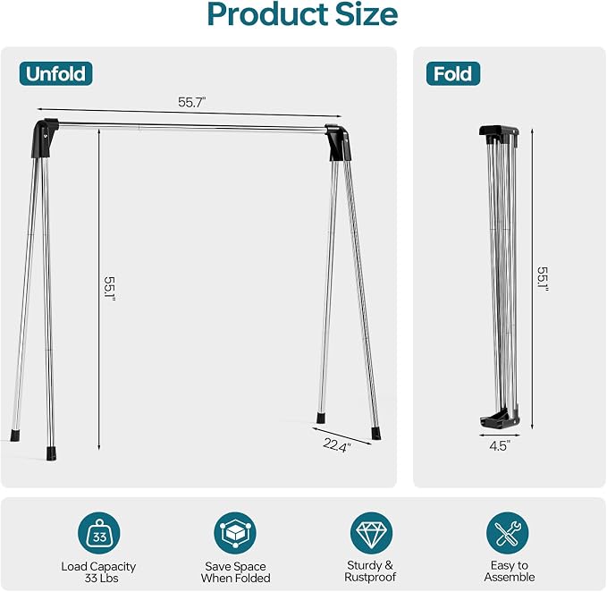 TOOLF 55 Inch Stainless Steel Collapsible Clothes Drying Rack | Drying Rack Clothing, Non Slip Foot Pads, Indoor Outdoor Use, Garments, Sweaters, Towels, Delicate Laundry Daily Wear