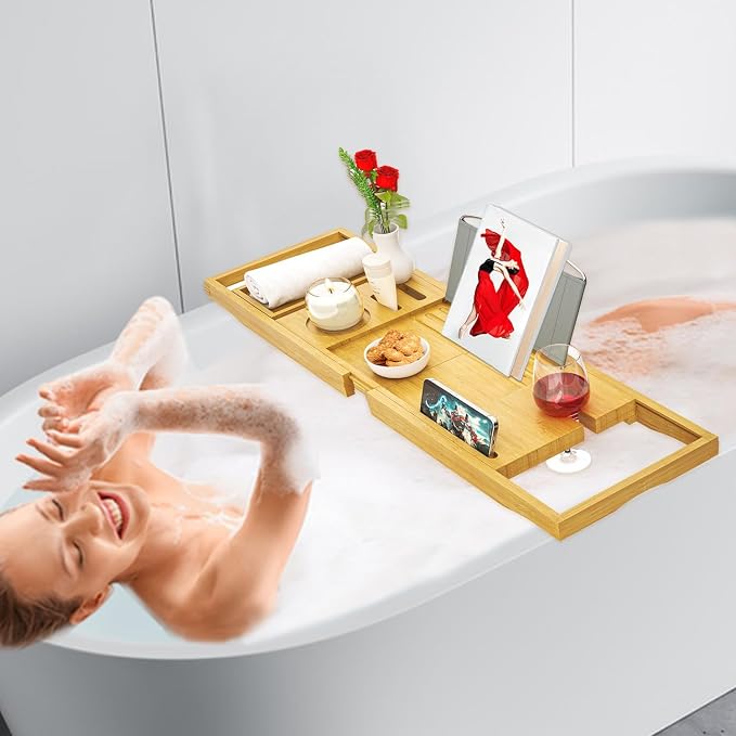 Banlilu Premium Natural Bamboo Expandable Bathtub Tray Caddy, Luxury Spa-Like Experience, Adjustable, Sturdy, Non-Slip, Foldable