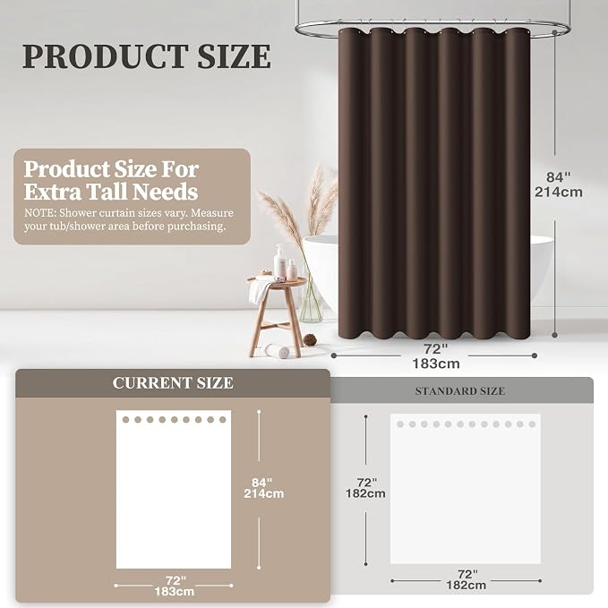 Long Linen Textured Waterproof Thick Shower Curtain Set, 72x84, Brown | Tall Size, 230GSM Polyester, Heavy Duty Cloth, Weighted Hem, 12 Plastic Hooks, Modern Luxury Hotel Style, Machine Washable
