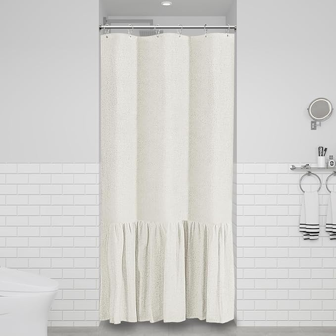 Stall Linen Ruffle Farmhouse Cloth Shower Curtain, 36x72, Natural | Ruffle Hem, Heavy Duty Fabric, 6 Hooks, Elegant Drape, Shabby Chic Style, Bathroom Decor, Machine Washable, Easy To Install