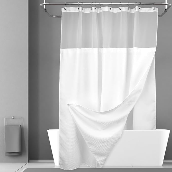 N&Y HOME Long Waffle Weave Shower Curtain with Snap-in Liner 71x75, White | 12 Hooks & Snap on Fabric Liner, Washable, Mesh Window, Hotel Style, 75 inches Length Shower Curtain Set for Bathroom