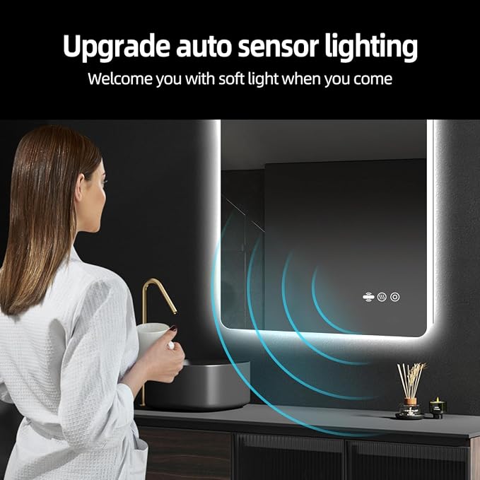 28" x 36" LED Bathroom Mirror with Lights - Motion Sensor | Smart Backlit Mirror Bathroom, Frameless, Auto Sensor, Anti-Fog, Stepless Dimmable 3-Color, Ultra-Clear & Shatter-Proof