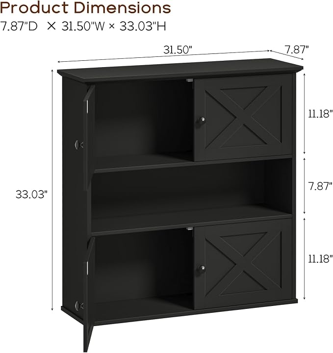 Vabches Bathroom Wall Cabinet, Farmhouse Medicine Cabinet with 4 Barn Doors, Large Wooden Vintage Storage Cabinet Wall Mounted for Bathroom, Kitchen, Black