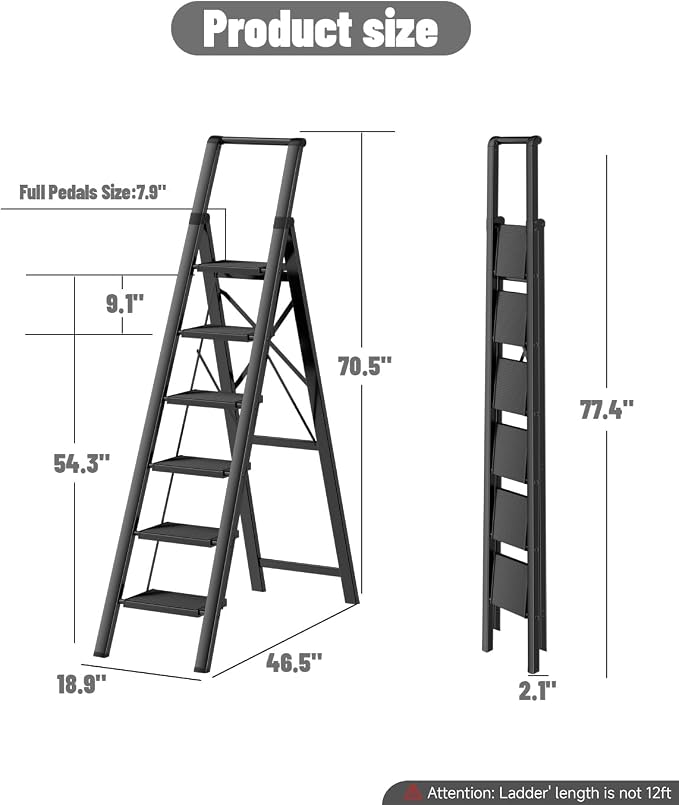 6 Step Ladder, Folding Step Stool, Lightweight Stepladder, Black | Reach 12ft;Anti-Slip 7.9'' Wide Pedal;Portable Handrail;Space-Saving;For Kitchen, Home, Library, Office Use;300lbs Capacity