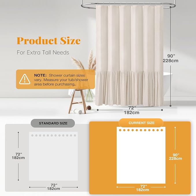 Extra Long Linen Ruffle Farmhouse Shower Curtain, 72x90, Beige/Cream | Ruffle Hem, Heavy Duty Fabric, 12 Hooks, Elegant Drape, Shabby Chic Style, Bathroom Decor, Machine Washable, Easy To Install