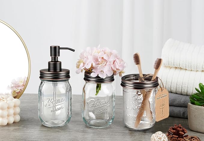 SheeChung Mason Jar Toothbrush Holders, Farmhouse Toothpaste Organizer, 1Pc | Oil Rubbed Bronze Glass Electric Tooth Brush Holder, Bathroom Countertop, Removable Stainless Steel Lid, Rustic Vintage Decor