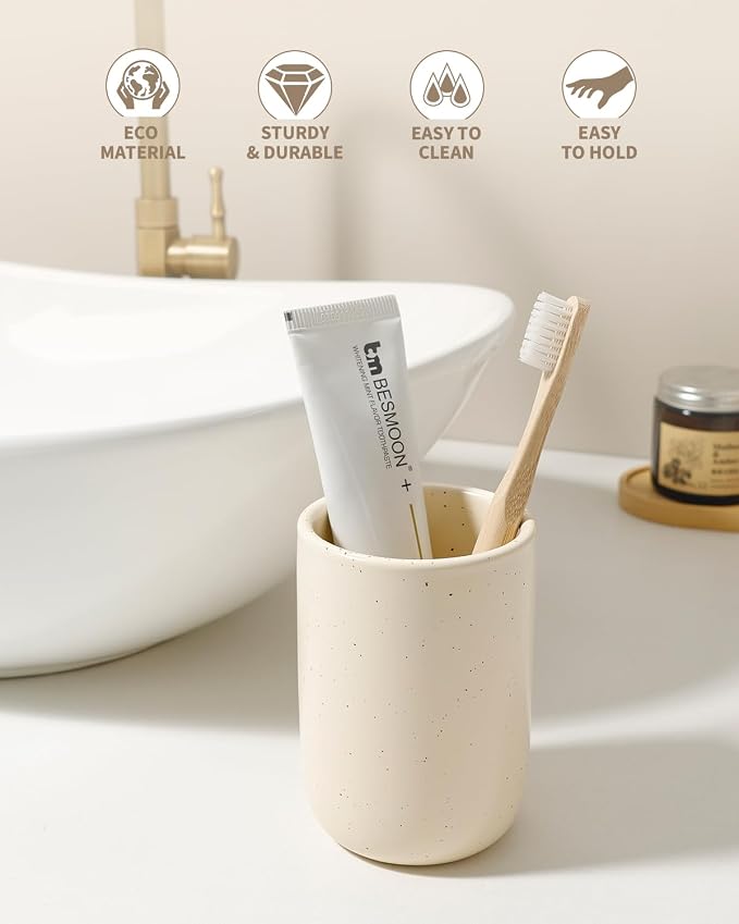 BosilunLife Ceramic Toothbrush Holder - 12oz Bathroom Toothbrush Holder Tooth Brush Holders Tumbler Cups Reusable Toothbrush Mouthwash Cup Small Toothbrush and Toothpaste Holder, Apricot
