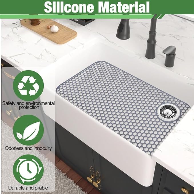 Sink Protector for Kitchen Sink Mat - 28.35"x14.37" Kitchen Sink Pad for Bottom of Sink Protec of Stainless Steel Sink Tableware Farmhouse Rubber Sink Mat Protector with Top Right Drain - Light Gray