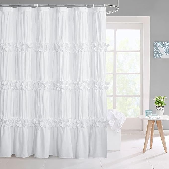 Victorian White Ruffle Shower Curtain 72" W x 96" H | Vintage Handcrafted Bow Tie Bath Curtain for Master Bathroom, Ruched Microfiber Bathroom Curtain with 12 Buttonholes (LQ-10)