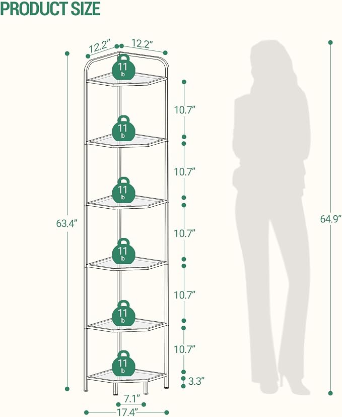 Hzuaneri Corner Shelf Stand, 6-Tier Glass Bookshelf Bookcase, Plant Stand | Bathroom Organizer Steel Frame, Tempered Glass, Modern Style for Living Room, Bathroom, Kitchen, Black CS90600B