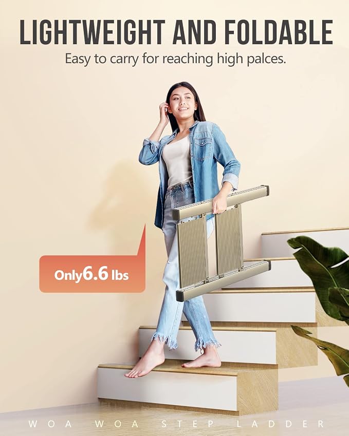 2 Step Foldable Step Stool, 300lbs Load, Gold | Folded 27''H x 2''T; Net 6.6 lbs; Non-Slip Feet: Wood/Tile/Carpet; Rigid Aluminum Steps; No Assembly; Ready From Box.