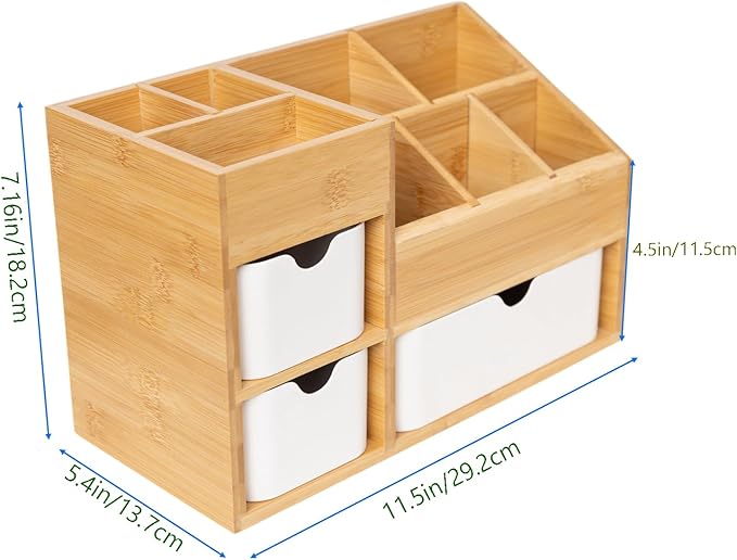 Bamboo Makeup Organizer, 11.5x5.4in | 3 Drawers, Dresser Cosmetic Organizer Box, Bamboo Desk Organizer for Home, Adjustable Dividers