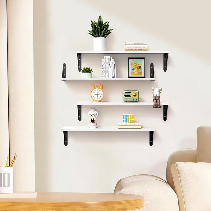 ROMGUAR CRAFT Wood Floating Shelves Set of 4, Rustic Storage Decor Wall Shelves, Wall Mounted Shelf for Living Room, Bedroom 23.6" x 6", White