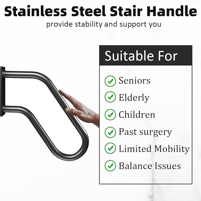 Handrails Wall Mount Stair Safety Handle Non-Slip Step Metal U-Shape Grab Yard Mounted Garage Porch Garden Hand Railings Powder Coated Heavy Duty Indoor or Outdoor Safe Bars (2 Pack)