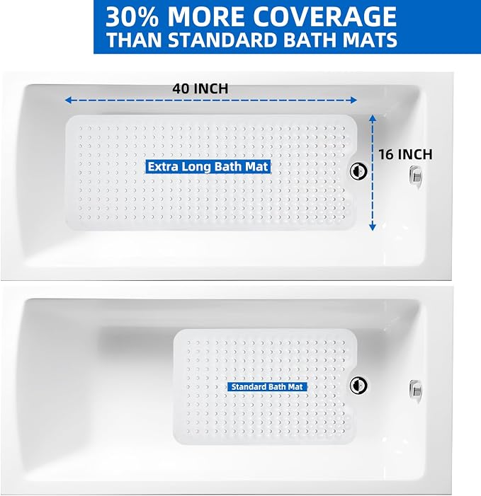 MOONFLY Shower and Bathtub Mat,40x16 Inches,Extra Long Non Slip Mats with Suction Cups and Drain Holes, Machine Washable and Anti Slip Bathmats, Bathroom Mats for Tub Nonslip (White)