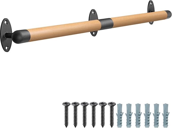 SELEWARE 52 Inch Wood Handrail Indoor Stairs Handrail Wall Mount Handrail | Indoor Outdoor Steps Stair Railing with Sturdy Metal Brackets, Barrier-Free Staircase Grab Bar for Elderly, 1.3 Inch Round