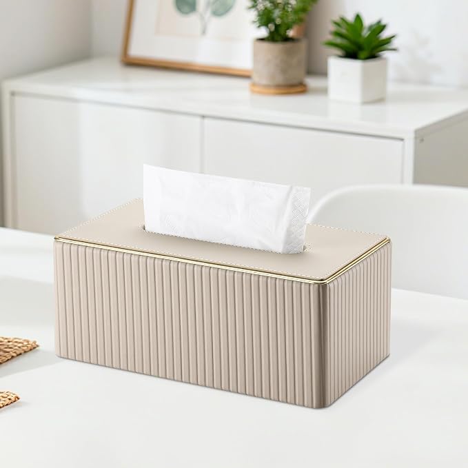 Rectangular Tissue Box Cover, PU Leather Tissue Box Holder with Magnetic Bottom, Napkin & Facial Tissue Holder Dispenser Decorative Box Cover for 120-count (3-Ply) 160-count (2-Ply) Beige