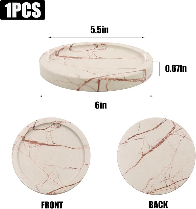 Natural Marble Tray Round 6 Inch Stone Vanity Tray for Home Decor, Pink | Stone Vanity Dish Trinket Catch All, Inner 5.5 Inch Decorative Tray Organizer for Bathroom Kitchen Nightstand Counter Dresser