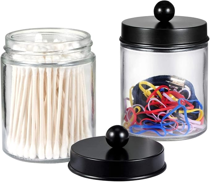 Amolliar Glass Apothecary Jar Qtip Holder Metal Lids 4pc/Black | Bathroom Decor Countertop Vanity Storage Organizer Set for q tip holder,Cotton Swabs/Rounds,Makeup Sponges,Cute Stickers