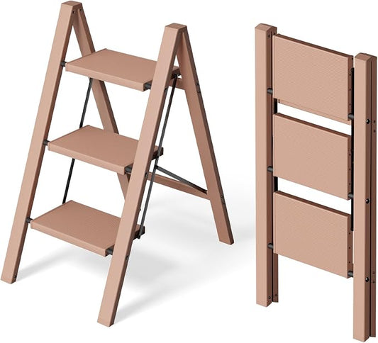 HillhutApex 3 Step Stool Foldable Ladder,Aluminum Step Ladder | Folding Lightweight Stable Stool with Wide Non-Slip Pedals, 330lbs Bearing Capacity Ladder for Office,Home,Kitchen-Light Pink