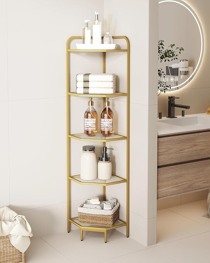 Hzuaneri Corner Shelf Stand, 5-Tier Glass Bookshelf Bookcase, Plant Stand | Bathroom Organizer Steel Frame, Tempered Glass, Modern Style for Living Room, Bathroom, Kitchen, Gold CS90200G
