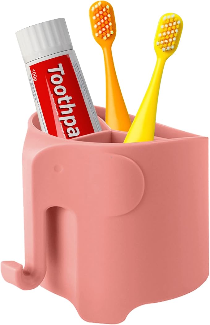 Elephant Toothbrush Holder for Toddler, Suction Cup Cute Toothbrush Holder for Kids, for Bathroom, with 3 Slots and 1 Hook, Watermelon Red