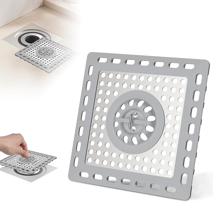 Hibbent Upgraded Shower Drain Hair Catcher for Bathroom Floor 4" Drain, Anti-Clogging Shower Drain Cover, Stainless Steel & Silicone Drain Strainer with Handle, Shower Drain Protector, Grey