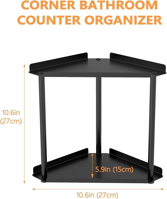 FLE Corner Bathroom Counter Organizer, Bathroom Organizer Countertop Black | 2 Tier Corner Shelf, Tabletop Mount,Waterproof Solid Shelf Fits Bathroom Toiletries and Kitchen Condiment Storage
