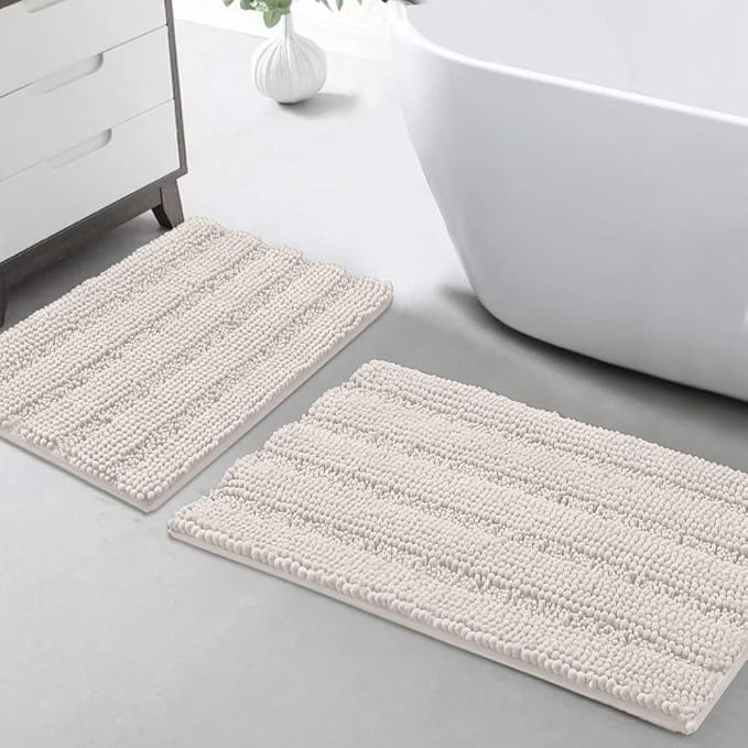 Turquoize Chenille Bath Rugs Shaggy Bathroom Rugs Non Slip Bath Rugs for Bathroom 20 x 32 and 17 x 24 Ivory Bath Rug Extra Soft and Absorbent Area Rug, (20" x 32" and 17" x 24"),Ivory